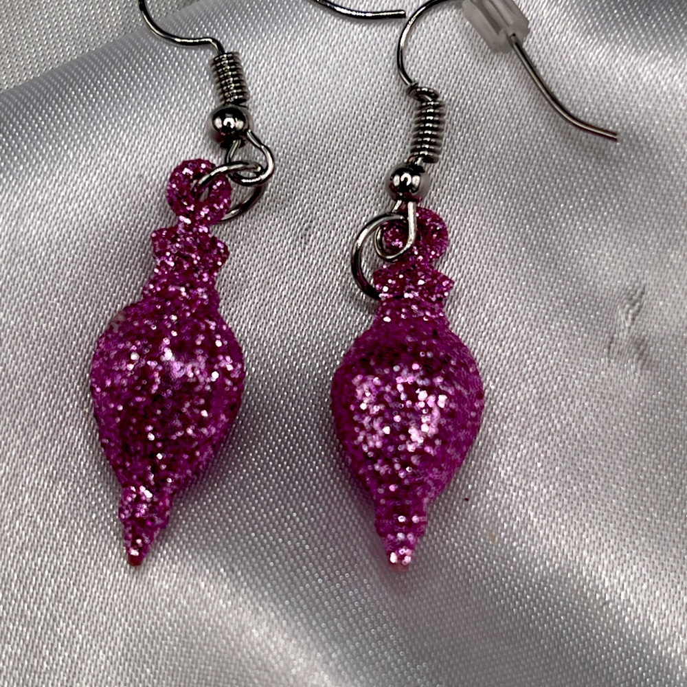 Christmas Ornament Pink Glitter Dangling Earrings, NWOT